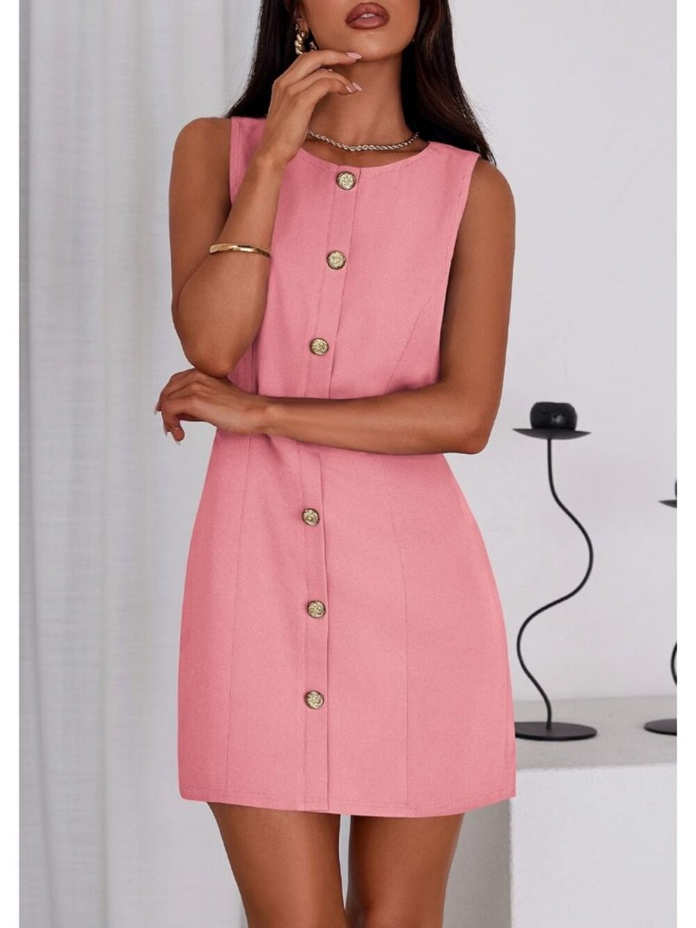 Pretty Garden Women's Peach Pink Sleeveless Button Down Elegant Mini Dress - Picture 6 of 6